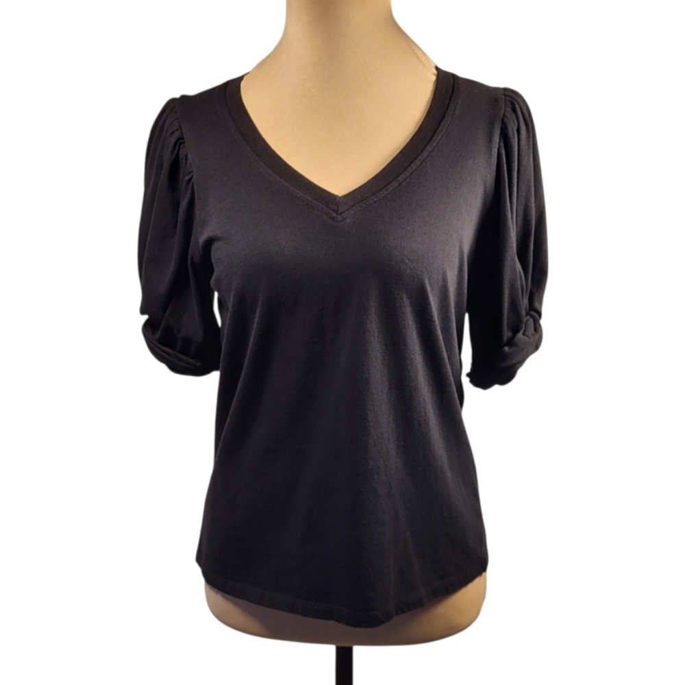 7 For All Mankind Women's Black Twist Cuff V-Neck Top - XS